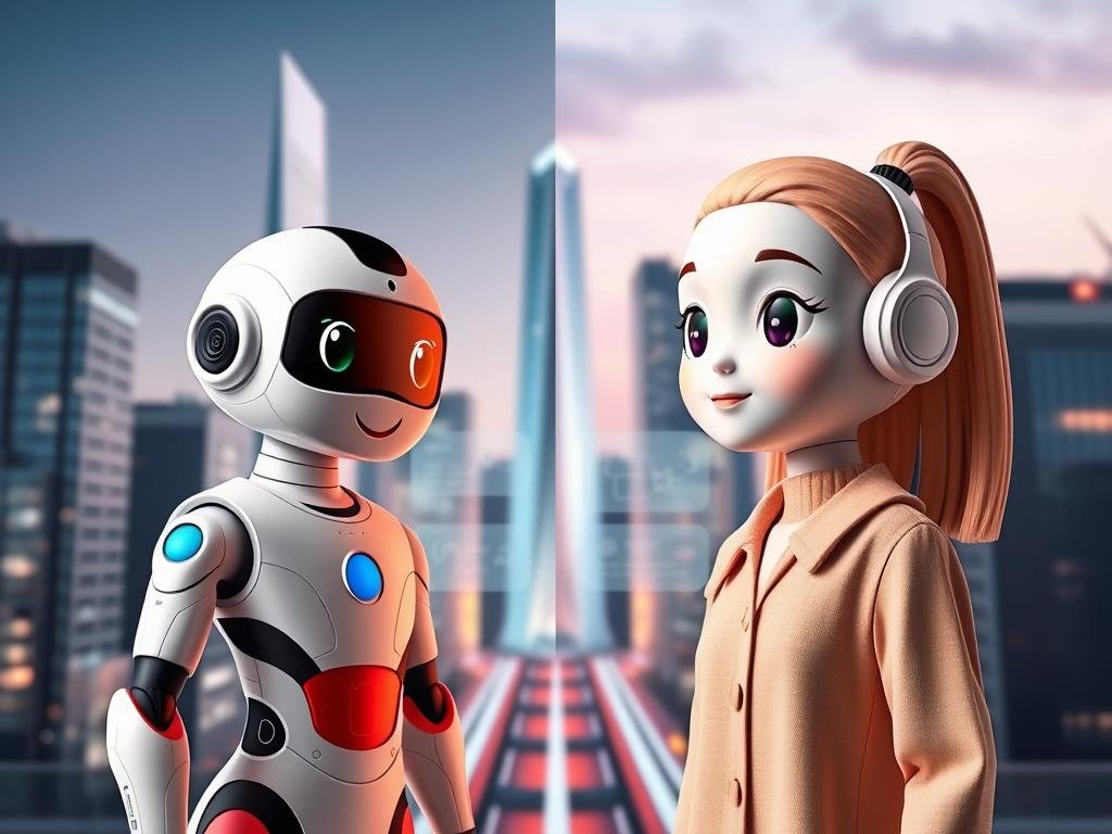 A split-screen image showcasing a comparison between Character.AI and Replika, positioned in the foreground are two friendly, elegant AI avatars representing each platform. Character.AI is depicted as a bright, colorful figure with a futuristic design, approachable facial features, and vibrant attire, while Replika presents a more soothing, pastel-colored appearance, with soft features and casual clothing. In the middle ground, a sleek digital interface illustrates key features of both AIs, such as conversation bubbles and icons symbolizing interaction. The background features a high-tech cityscape, symbolizing innovation and the future of AI communication. Soft, ambient lighting highlights both avatars, creating a warm and inviting atmosphere, with a slight lens blur around the edges to emphasize the focus on the comparison at hand. The image should evoke curiosity and wonder about the evolution of AI companions, capturing a sense of excitement for the future. A split-screen image showcasing a comparison between Character.AI and Replika, positioned in the foreground are two friendly, elegant AI avatars representing each platform. Character.AI is depicted as a bright, colorful figure with a futuristic design, approachable facial features, and vibrant attire, while Replika presents a more soothing, pastel-colored appearance, with soft features and casual clothing. In the middle ground, a sleek digital interface illustrates key features of both AIs, such as conversation bubbles and icons symbolizing interaction. The background features a high-tech cityscape, symbolizing innovation and the future of AI communication. Soft, ambient lighting highlights both avatars, creating a warm and inviting atmosphere, with a slight lens blur around the edges to emphasize the focus on the comparison at hand. The image should evoke curiosity and wonder about the evolution of AI companions, capturing a sense of excitement for the future.