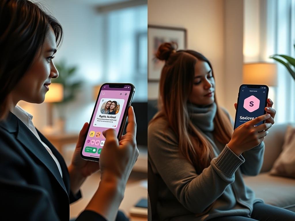 A split-screen image showcasing two distinct AI companion apps: on the left, a visually appealing interface of the Replika AI Girlfriend app displayed on a sleek smartphone held by a person in professional business attire, focused and enthusiastic; on the right, the interface of Sexlove.ai presented on another smartphone, with a user engaging in thoughtful contemplation, wearing modest casual clothing. The background features a cozy, modern living space with soft lighting, creating an inviting atmosphere. The foreground highlights the smartphones' screens, emphasizing user interaction. Include subtle digital elements, like glowing icons and data streams, to represent the AI technology. The overall ambiance should be warm and thoughtful, capturing the spirit of comparison and exploration in a safe and respectful manner.