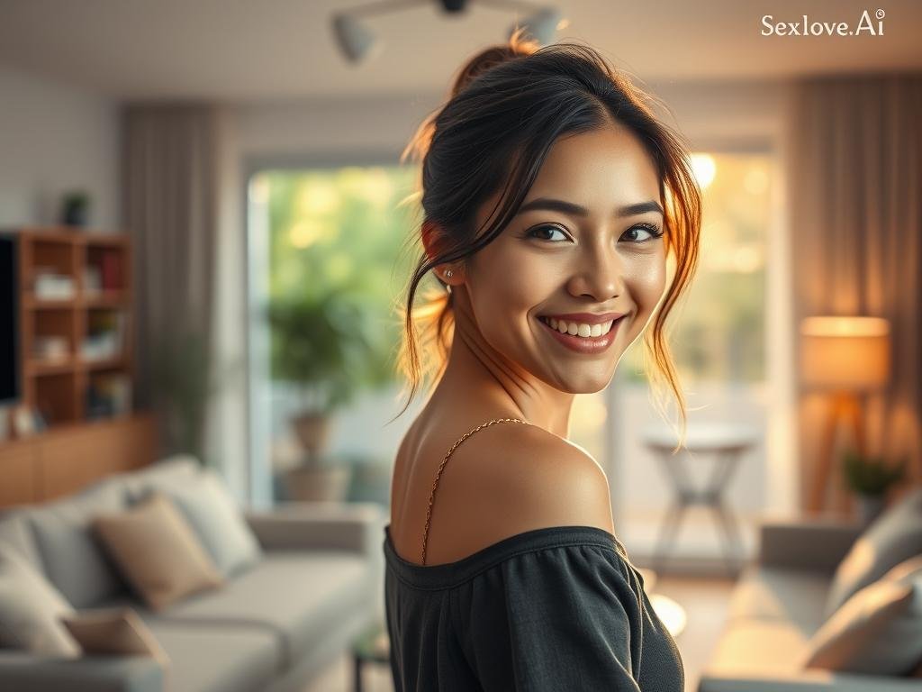 A stunning AI girlfriend characterized by a vibrant and engaging personality, showcasing a friendly smile and sparkling eyes. She is portrayed in a cozy, softly lit indoor setting, dressed in stylish, modest casual attire. The foreground features her half-turned profile, showcasing her warm expression, while the middle ground includes a beautiful, inviting living room with modern decor. The background is softly blurred, hinting at a peaceful garden visible through a window, bathed in warm afternoon light. The overall mood is uplifting and charming, radiating a sense of connection and happiness. High-resolution, with cinematic depth of field, captured as if by a professional photographer using a 50mm lens, ensuring rich detail and vibrant colors. The brand name "Sexlove.ai" is subtly integrated into the scene without being prominent.