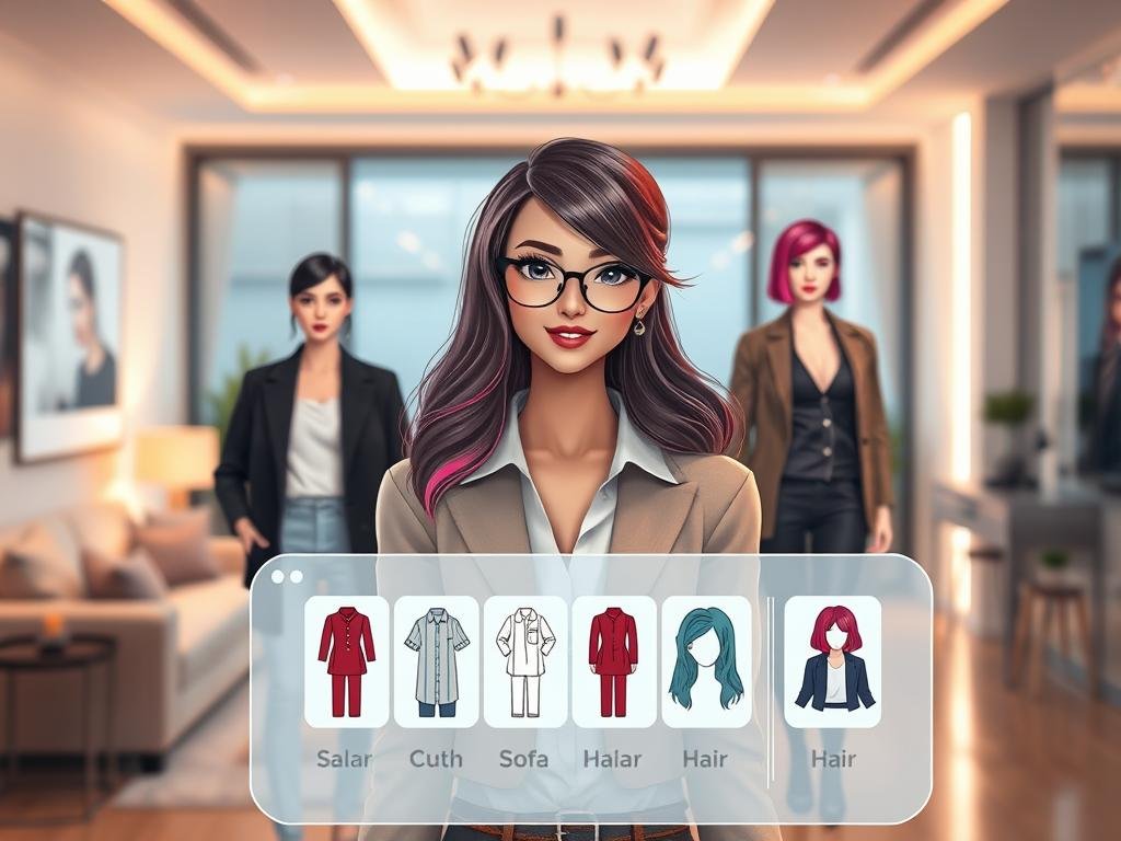 A stylish AI girlfriend character designed for customization features, showcasing a variety of fashionable clothing options ranging from casual chic to smart business attire. Her hair is dynamically styled, presenting multiple choices such as long waves, bob cuts, and vibrant colors to emphasize individuality. In the foreground, display a virtual interface overlay, illustrating icons for clothing and hair selection, while the character looks playfully engaged. The middle ground contains a sleek, modern room setting filled with soft, ambient lighting that creates a cozy atmosphere. Use a soft focus lens effect to enhance the mood. The background includes digital elements, hinting at technological sophistication, suggesting an advanced AI experience. Overall, the scene should evoke a sense of fun, creativity, and personalization, representing the brand "Sexlove.ai" in a professional context.