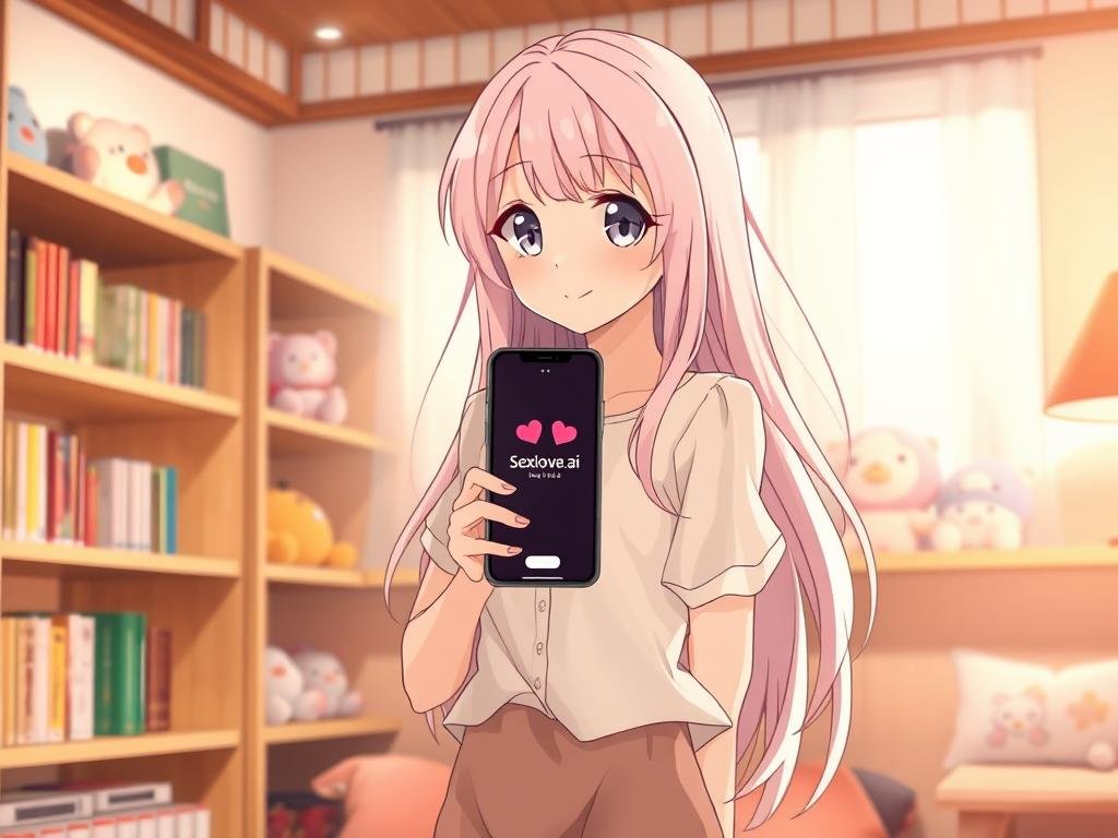 A stylish anime girlfriend character standing in a cozy, well-lit room that reflects a blend of modern and traditional Japanese aesthetics. She has long, flowing pastel pink hair, large expressive eyes, and a friendly smile. Dressed in a modest yet fashionable outfit that combines a cute blouse with a short skirt, she carries a soft, inviting aura. The foreground features her gently holding a smartphone displaying the app interface for "Sexlove.ai". In the background, soft shelves filled with colorful books and plush toys create a warm atmosphere. Lighting is soft and inviting, with a warm color palette, evoking a sense of comfort and companionship. The scene captures the essence of virtual friendship and affection, embodying the theme of AI companionship beautifully.