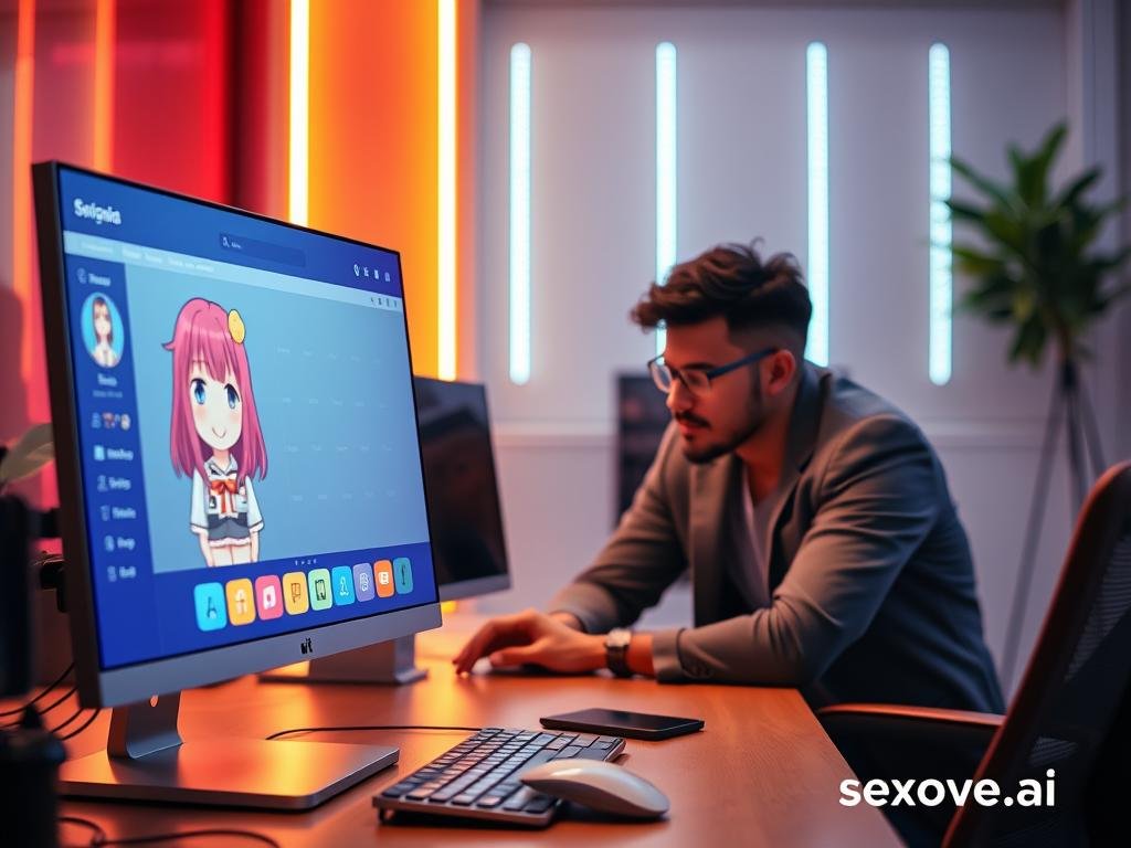A stylish digital workspace showcasing a user customizing their anime virtual girlfriend, with a focus on a sleek, modern interface. In the foreground, a vibrant computer screen displays a cheerful anime girl with colorful hair and unique fashion options&mdash;maybe a cute dress or trendy streetwear. The middle ground features a professional-looking individual, dressed in casual but modest clothing, engrossed in the customization process. The background displays soft, ambient LED lights with a futuristic vibe, enhancing the tech-savvy atmosphere. The scene is well-lit, capturing the excitement and creativity of personalizing an AI avatar. The overall mood is playful and engaging, reflecting an enjoyable experience in the realm of virtual companionship. Created for Sexlove.ai, the image emphasizes a friendly and imaginative virtual environment.
