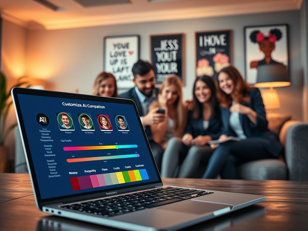 A stylish, modern workspace featuring a sleek laptop displaying the interface of a customizable AI companion application. The foreground showcases a close-up view of the laptop screen, highlighting vibrant color options and user-friendly sliders for personalizing traits like personality, appearance, and mood. In the middle ground, a diverse group of individuals in professional attire is interacting with the app, smiling and engaged, representing a variety of user backgrounds. The background features a cozy, well-lit room with soft ambient lighting and motivational posters, creating an inviting atmosphere. The overall mood evokes excitement and creativity, perfect for users eager to personalize their AI companions from sexlove.ai. The image uses natural light with a warm tone, shot from a slightly elevated angle to capture the interaction and interface elements clearly. A stylish, modern workspace featuring a sleek laptop displaying the interface of a customizable AI companion application. The foreground showcases a close-up view of the laptop screen, highlighting vibrant color options and user-friendly sliders for personalizing traits like personality, appearance, and mood. In the middle ground, a diverse group of individuals in professional attire is interacting with the app, smiling and engaged, representing a variety of user backgrounds. The background features a cozy, well-lit room with soft ambient lighting and motivational posters, creating an inviting atmosphere. The overall mood evokes excitement and creativity, perfect for users eager to personalize their AI companions from sexlove.ai. The image uses natural light with a warm tone, shot from a slightly elevated angle to capture the interaction and interface elements clearly.