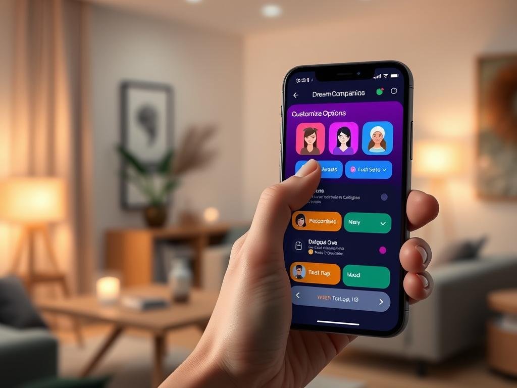 A user interface design showcasing "Customization Options for Dream Companion" from the app sexlove.ai. In the foreground, display a sleek smartphone with a colorful, interactive screen highlighting various personalized features such as avatars, dialogue preferences, and mood settings. The middle layer should include a hand gently navigating the screen, showcasing engagement with the features. In the background, depict a cozy, modern home environment with soft, ambient lighting, creating a welcoming atmosphere. Use a shallow depth of field to blur the background slightly, emphasizing the phone's screen. The overall mood should be innovative and tech-savvy, reflecting the theme of exploring unique features of an AI-driven app.