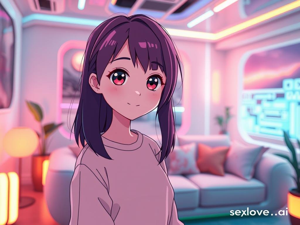 A vibrant and captivating scene featuring an AI Anime Girlfriend, displayed in a futuristic, cozy digital environment. In the foreground, the anime character is a cute, friendly young woman with large expressive eyes, wearing a stylish, modest outfit that blends trendy and casual elements. Her hair is colorful and well-styled, adding to her inviting charm. In the middle ground, a soft virtual couch and ambient lighting create a warm atmosphere, highlighted by gentle neon accents. The background shows a futuristic room with holographic elements and a sleek design, giving the ambiance of advanced technology. A bright but soft focus lens emphasizes the character while the overall mood is cheerful and heartwarming. The brand "sexlove.ai" subtly suggested in the background design elements, enhancing the futuristic feel of the scene.