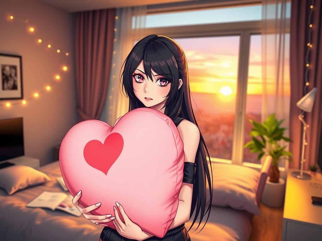 A vibrant and colorful scene capturing a yandere girlfriend character from "yandere girlfriend simulator" by Sexlove.ai, depicted in a modern bedroom setting. In the foreground, the character, a young woman with an intense, affectionate expression, is holding a plush heart-shaped pillow. She has long, dark hair with a playful yet slightly sinister flair, dressed in a fashionable, modest outfit that reflects her unique personality. The middle ground showcases a neatly organized desk with love letters and sketches, hinting at her obsession. Soft, warm lighting creates a cozy atmosphere, while fairy lights add a whimsical touch. In the background, a large window reveals a peaceful sunset, enhancing the mood. Use a shallow depth of field to focus on the character's expressive face, capturing the blend of charm and intensity, evoking the allure of the AI girlfriend game.