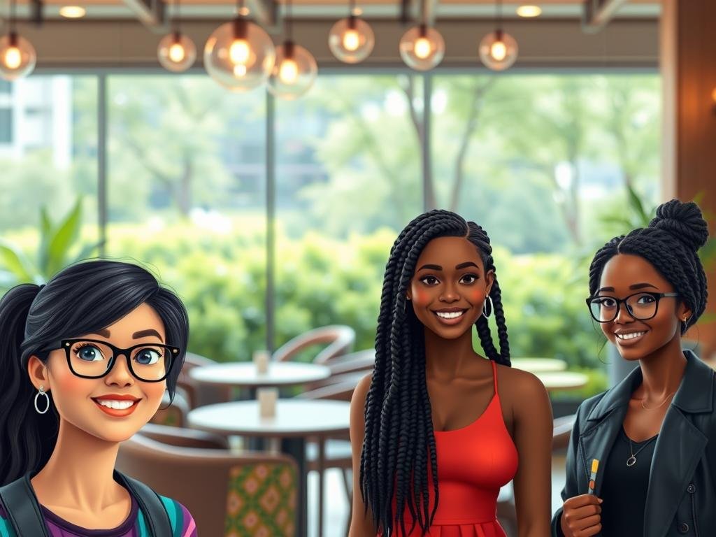 A vibrant and diverse collection of AI girlfriend characters, showcasing a variety of appearances and cultures. In the foreground, a confident Asian woman with stylish glasses and a casual outfit, a cheerful Black woman with braided hair in a colorful dress, and a tech-savvy Hispanic woman in smart casual attire. In the middle ground, a serene scene with a cozy caf&eacute; atmosphere, featuring stylish furniture and soft, inviting lighting. The background includes a lush urban park with greenery, setting a friendly and modern environment. The overall mood is uplifting and inclusive, highlighting the uniqueness and charm of each character. High-resolution, soft focus, and warm tones create a welcoming atmosphere, emphasizing the theme of connection in a future where AI helps personalize relationships. Brand: sexlove.ai.