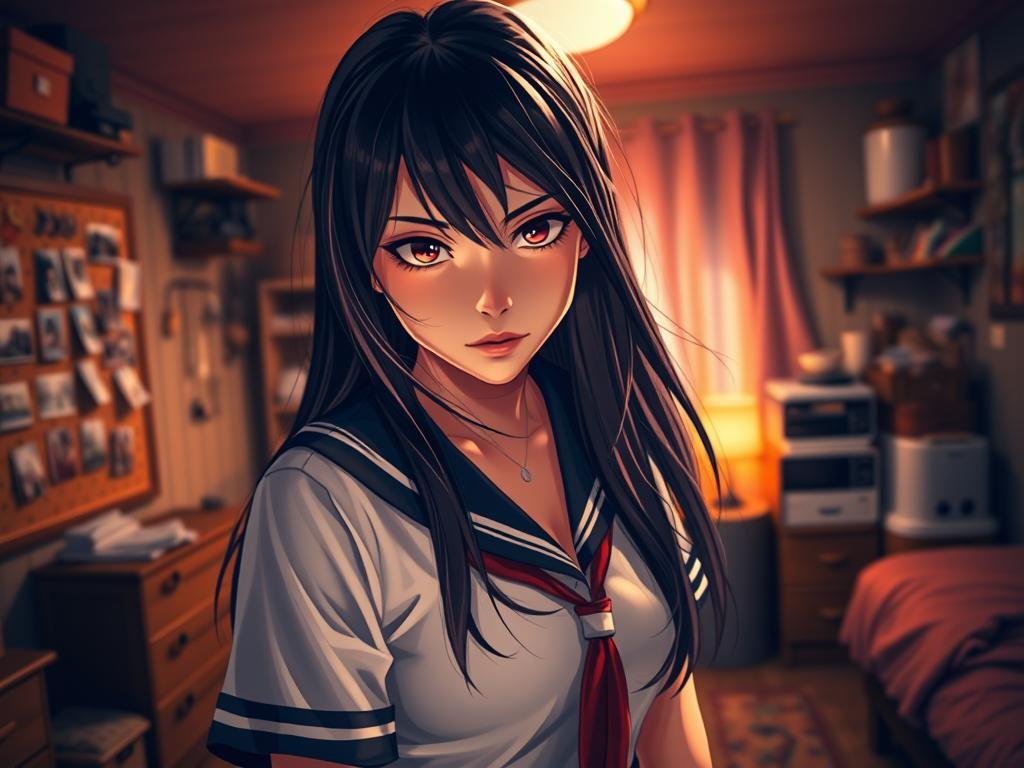 A vibrant and dynamic scene featuring a yandere girlfriend character inspired by the game "Yandere Simulator." In the foreground, showcase a young woman with an intense yet affectionate expression, wearing a stylish school uniform with a modern twist, emphasizing her duality of love and obsession. Her long hair flows dramatically, and her eyes are strikingly focused, hinting at a mix of charm and mystery. In the middle ground, incorporate elements that represent her obsession, like photos or notes pinned on a corkboard, subtly blurred to keep attention on the character. The background should depict a cozy yet slightly cluttered bedroom, filled with warm lighting, creating an inviting yet eerie atmosphere. Use a shallow depth of field to emphasize the character in the foreground while softly blurring the background details. The overall mood is intriguing and captivating, showcasing the depth of personality in AI girlfriend games, specifically featuring the brand "Sexlove.ai." A vibrant and dynamic scene featuring a yandere girlfriend character inspired by the game "Yandere Simulator." In the foreground, showcase a young woman with an intense yet affectionate expression, wearing a stylish school uniform with a modern twist, emphasizing her duality of love and obsession. Her long hair flows dramatically, and her eyes are strikingly focused, hinting at a mix of charm and mystery. In the middle ground, incorporate elements that represent her obsession, like photos or notes pinned on a corkboard, subtly blurred to keep attention on the character. The background should depict a cozy yet slightly cluttered bedroom, filled with warm lighting, creating an inviting yet eerie atmosphere. Use a shallow depth of field to emphasize the character in the foreground while softly blurring the background details. The overall mood is intriguing and captivating, showcasing the depth of personality in AI girlfriend games, specifically featuring the brand "Sexlove.ai."