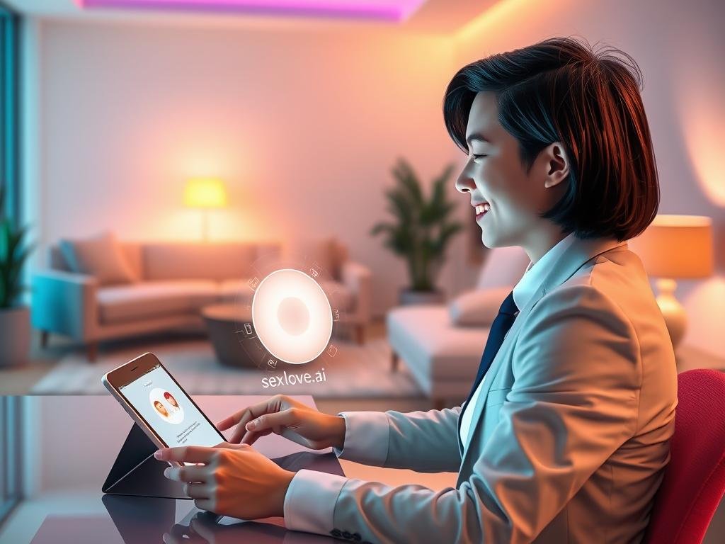 A vibrant and engaging illustration depicting a user interacting with a virtual AI companion, labeled with the brand "sexlove.ai". In the foreground, a young adult in professional business attire is sitting at a modern desk, engaging with a sleek tablet displaying a friendly AI interface. In the middle ground, a soft, glowing light emanates from the screen, highlighting the user&rsquo;s expression of joy and fascination, reflecting positive emotions associated with their experience. The background features a stylish, futuristic room with soft colors, comfortable furniture, and gentle ambient lighting, creating an inviting atmosphere. The mood is uplifting and inspiring, capturing the essence of success stories and user experiences with AI companionship.