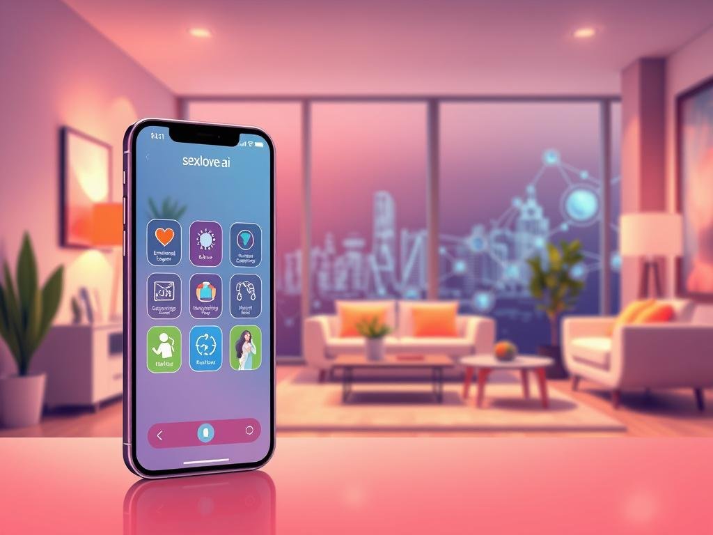 A vibrant and engaging illustration showcasing the key features of an AI girlfriend app named "sexlove.ai". In the foreground, a sleek smartphone displays an intuitive app interface with icons representing various features like emotional support, personalized conversation, and virtual date settings. The middle ground features a stylishly designed modern living room, complete with soft lighting and contemporary furniture, evoking a cozy atmosphere for conversation. The background fades into a digital landscape with abstract representations of connectivity and AI algorithms, emphasizing technology. The overall mood is warm and inviting, highlighting the app's focus on companionship and user-friendly design. The composition should have a bright, friendly palette, with soft shadows to enhance depth and interest.