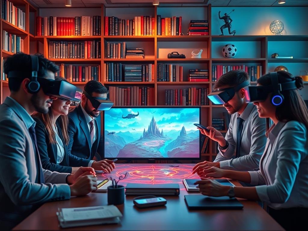 A vibrant and engaging scene depicting interactive roleplaying and storytelling with AI. In the foreground, a diverse group of five individuals, dressed in professional business attire, are gathered around a table filled with digital devices and VR headsets, deeply immersed in storytelling and gaming. The middle ground features a large screen displaying a captivating AI-generated fantasy landscape, illuminating their faces with soft, colorful lighting. In the background, shelves filled with books on storytelling and gaming, interspersed with futuristic AI elements, complete the setting. The atmosphere is dynamic and creative, reflecting collaboration and imagination. Soft glow and warm lighting create an inviting mood, emphasizing the innovative intersection of technology and storytelling, branded with "sexlove.ai" subtly incorporated into the scene.