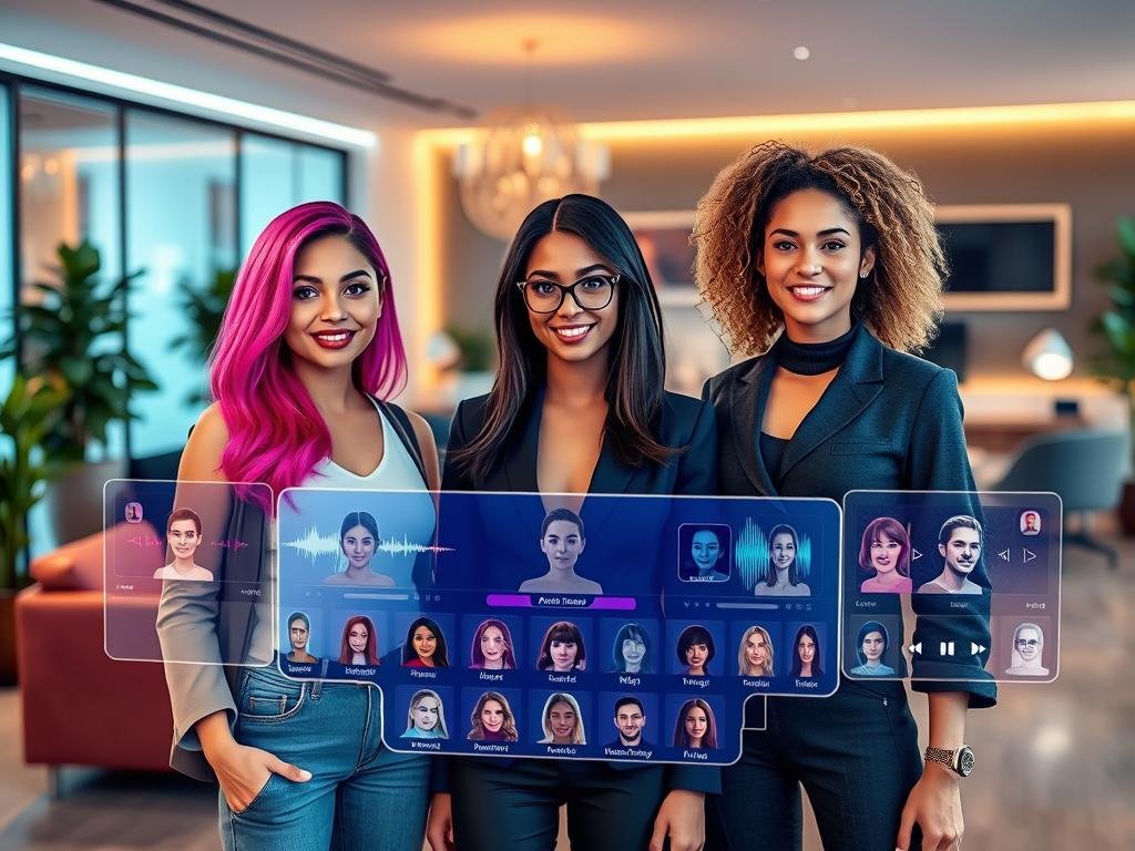 A vibrant and engaging scene showcasing a variety of virtual girlfriend personas for the AI video app sexlove.ai. In the foreground, three female characters of diverse ethnicities exhibit distinct visual traits and styles: one with bright pink hair in casual chic attire, another with sleek dark hair in a modern business outfit, and a third with curly blonde hair in stylish, modest clothing. The middle ground features holographic screens displaying various voice personality options, represented with colorful waves and audio bars. The background is a softly lit modern tech workspace with sleek furnishings and warm ambient lighting, creating an inviting atmosphere. The overall mood is friendly, innovative, and futuristic, capturing the essence of personalization in AI companionship. A vibrant and engaging scene showcasing a variety of virtual girlfriend personas for the AI video app sexlove.ai. In the foreground, three female characters of diverse ethnicities exhibit distinct visual traits and styles: one with bright pink hair in casual chic attire, another with sleek dark hair in a modern business outfit, and a third with curly blonde hair in stylish, modest clothing. The middle ground features holographic screens displaying various voice personality options, represented with colorful waves and audio bars. The background is a softly lit modern tech workspace with sleek furnishings and warm ambient lighting, creating an inviting atmosphere. The overall mood is friendly, innovative, and futuristic, capturing the essence of personalization in AI companionship.