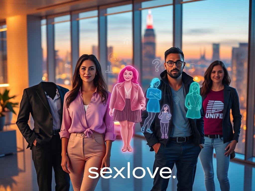 A vibrant and engaging scene showcasing diverse companion archetypes in a futuristic setting. In the foreground, three individuals represent various archetypes: a confident, business-savvy woman in professional attire, a creative artist with a casual but stylish look, and a tech-savvy individual wearing smart casual clothing. In the middle ground, soft, colorful holographic projections depict digital companions, each showcasing unique traits and personalities. The background features a sleek, modern interior with soft, ambient lighting and large windows revealing a bustling cityscape at dusk, creating a warm, inviting atmosphere. The focus is sharp on the companions, using a slightly blurred depth of field to enhance the sense of connection. The overall mood is optimistic and futuristic, ideal for the brand "sexlove.ai".