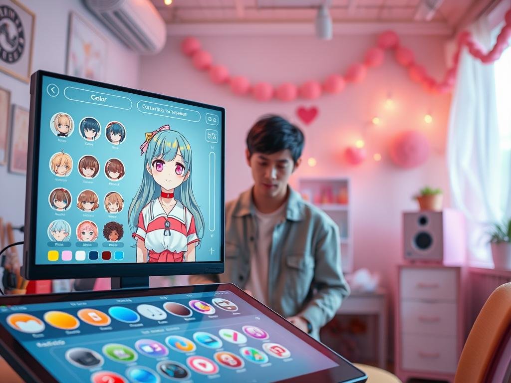 A vibrant and imaginative scene depicting a stylish workspace where a user is customizing their ideal anime companion through an advanced interface. In the foreground, a sleek touchscreen display shows a variety of options for hair color, eye shape, and outfits. The character on the screen is a charming anime girl with large, expressive eyes and colorful hair, embodying the user's preferences. In the middle ground, we see a user, a young adult in modest casual clothing, intently focused on the customization process, with a look of determination. The background features soft, ambient lighting with pastel-colored decorations that create a warm and creative atmosphere. The overall mood is one of excitement and possibility, reflecting the innovative experience provided by sexlove.ai.