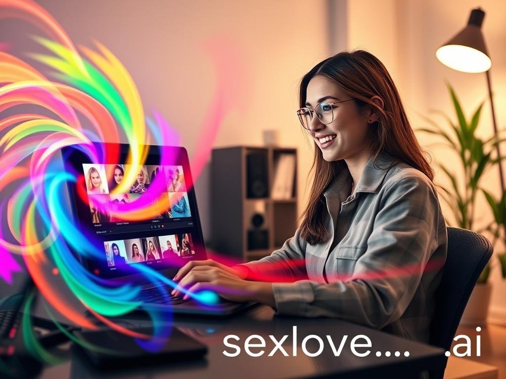 A vibrant and immersive digital workspace showcasing a young professional woman in modest casual attire, sitting at her desk, enthusiastically editing videos on her laptop. In the foreground, colorful creative filters and effects can be seen flowing from the screen, visually represented as swirling, glowing patterns that encapsulate the essence of creativity. The middle layer features her focused expression while different video thumbnails are displayed, illustrating various filter options like vintage, black &amp; white, and vibrant color splash. In the background, soft ambient lighting emanates from a stylish lamp, casting a warm glow over the workspace, with plants adding life to the atmosphere. The overall mood is inspiring and tech-savvy, reflecting innovation and creativity in video editing. The brand name "sexlove.ai" subtly integrated within the design elements.