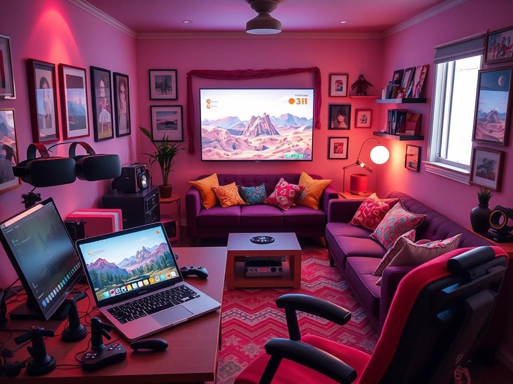 A vibrant and immersive room inspired by a yandere AI girlfriend simulator, featuring a cozy, tech-savvy aesthetic. In the foreground, a stylish desk cluttered with virtual reality gear and game controllers, and a sleek laptop displaying the interface of "Sexlove.ai". In the middle, a plush seating area with colorful cushions and a large screen showing the game's adventurous landscapes. The walls are decorated with framed art from the game, along with shelves filled with cute memorabilia. The background reveals a well-lit window with soft, ambient light casting a warm glow throughout the room, enhancing the intimate atmosphere. The scene conveys a sense of exploration and excitement, highlighting interactive features and adventure elements that make the app engaging, inviting viewers to step into this playful, digital realm.