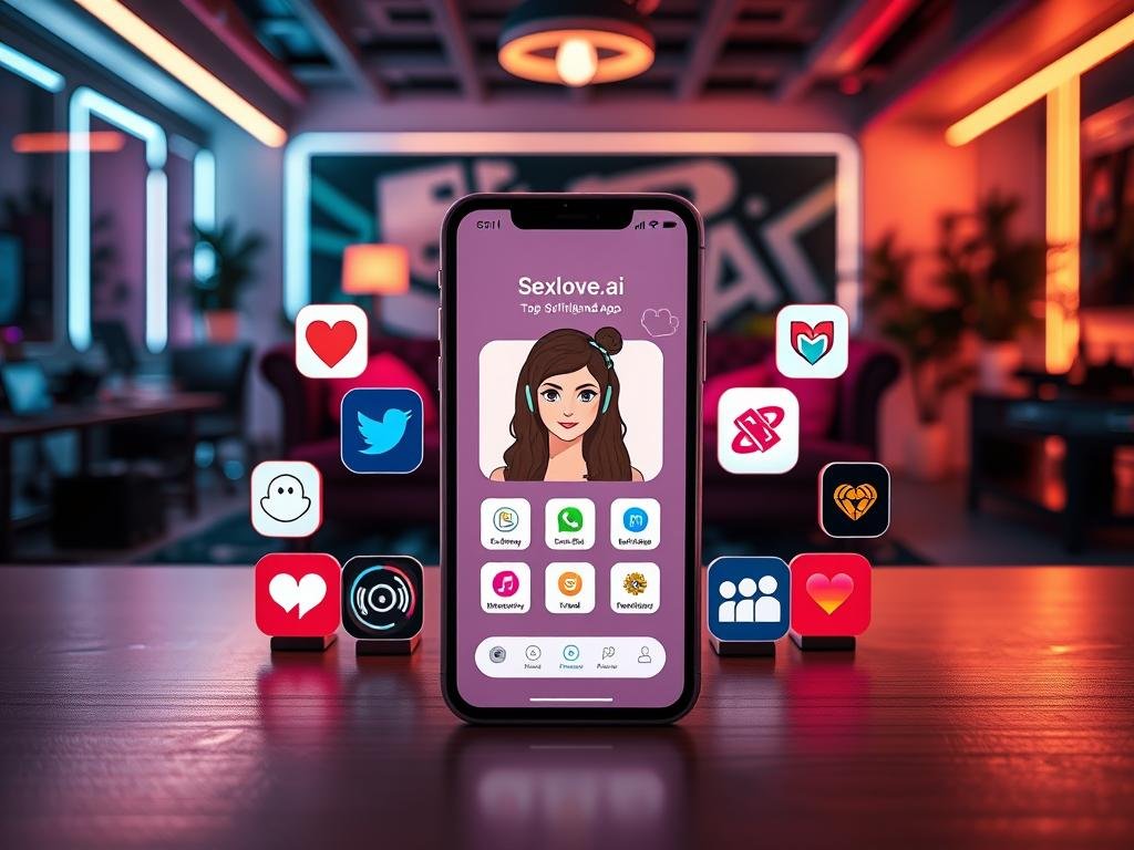 A vibrant and informative comparison scene showcasing various AI girlfriend apps, with a sleek, modern smartphone at the forefront displaying the interface of "sexlove.ai". Surround the phone with stylish icons representing other top AI girlfriend apps, arranged in a visually balanced manner. In the background, depict a futuristic tech-themed workspace with soft ambient lighting, highlighting a comfortable atmosphere. Use a wide-angle lens perspective to capture both the foreground elements and the inviting environment. Emphasize a professional mood, with a sense of innovation and reliability, without any text or branding on the background elements. The overall atmosphere should be engaging and approachable, illustrating the theme of technological advancement in relationships. A vibrant and informative comparison scene showcasing various AI girlfriend apps, with a sleek, modern smartphone at the forefront displaying the interface of "sexlove.ai". Surround the phone with stylish icons representing other top AI girlfriend apps, arranged in a visually balanced manner. In the background, depict a futuristic tech-themed workspace with soft ambient lighting, highlighting a comfortable atmosphere. Use a wide-angle lens perspective to capture both the foreground elements and the inviting environment. Emphasize a professional mood, with a sense of innovation and reliability, without any text or branding on the background elements. The overall atmosphere should be engaging and approachable, illustrating the theme of technological advancement in relationships.