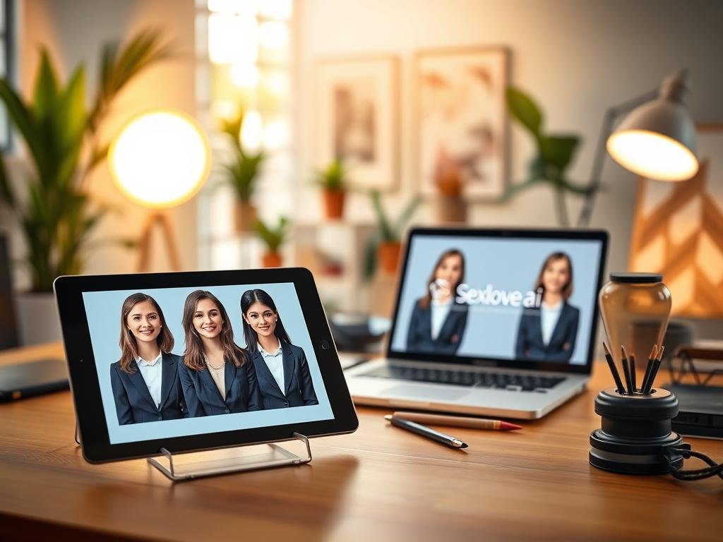 A vibrant and inviting digital workspace showcasing the concept of AI girlfriend photo generation. In the foreground, a stylish tablet displays realistic AI-generated portraits of women with friendly expressions, dressed in professional business attire. The middle ground features a well-organized desk with design tools, a soft glowing lamp, and a laptop open to the app interface displaying the brand name "Sexlove.ai". The background is softly blurred, hinting at an inspiring, modern office environment with plants and artwork that add a creative touch. The lighting is warm and inviting, designed to convey a sense of comfort and innovation, with natural light streaming through a window, creating an uplifting atmosphere for users starting their AI girlfriend photo journey.