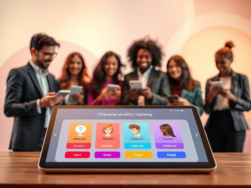 A vibrant and inviting scene showcasing character personality customization options for a virtual girlfriend app, with a focus on the brand "Sexlove.ai." In the foreground, a user interface with colorful buttons representing different personality traits like "Adventurous," "Romantic," and "Intellectual," displayed on a sleek, modern tablet. In the middle ground, a stylish, diverse group of people in professional attire joyfully engaging with digital devices, suggesting collaboration and creativity. The background features an abstract blend of soft pastel colors, enhancing the mood of innovation and excitement. Soft, warm lighting illuminates the scene, creating a welcoming atmosphere. The angle is slightly elevated, offering a dynamic view of both the customization options and the engaged users, emphasizing a sense of interaction and personalization.
