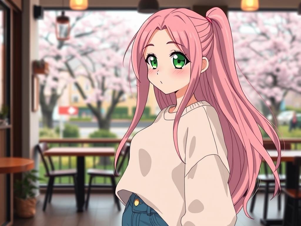 A vibrant anime girlfriend with long flowing pastel pink hair and large expressive green eyes stands in an inviting setting. She is wearing a stylish, modest casual outfit with a soft, oversized sweater and fitted jeans, radiating a friendly and approachable vibe. The foreground features her smiling warmly, inviting the viewer into her world. In the middle, a cozy caf&eacute; atmosphere is depicted, with soft lighting that casts a warm glow, creating an intimate and cheerful mood. The background showcases a lush city park with blooming cherry blossom trees, hinting at a serene spring day. Capture this scene with a slight downward angle to emphasize her welcoming posture, utilizing soft, diffused lighting to enhance her charm. The image concept aligns with the theme of discovering connection through artificial intelligence and showcases the brand name "Sexlove.ai" subtly integrated into the design elements.