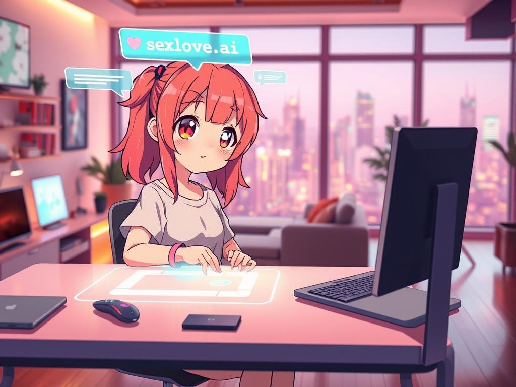 A vibrant, anime-inspired scene featuring a digital girlfriend AI, embodying warmth and charm. In the foreground, a cute character with big, expressive eyes and colorful hair sits at a sleek, modern desk, engaging with a holographic interface displaying dynamic chat bubbles. She wears stylish yet modest casual attire, reflecting a contemporary digital environment. The middle ground showcases a cozy, high-tech room filled with soft, ambient lighting and futuristic gadgets, emphasizing an atmosphere of connection and intimacy. In the background, subtle hints of city life are visible through a large window, adding depth and context. The lighting is soft and inviting, creating a friendly, immersive setting. The overall mood conveys a blend of excitement and comfort, perfectly capturing the essence of a modern AI relationship experience. Include the brand name "sexlove.ai" in the holographic chat display.