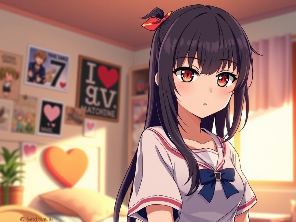 A vibrant anime-style depiction of a Yandere girlfriend character from a game, emphasizing her distinct features. In the foreground, she stands confidently with an intense gaze, wearing a stylish yet modest outfit that blends a school uniform and casual streetwear. Long, dark hair flows down her back, adorned with a cute hair accessory. The middle layer showcases a cozy room decorated with posters and items that reflect her obsession, including a heart-shaped pillow. The background hints at a dreamy, nostalgic atmosphere with warm lighting filtering through a window, casting soft shadows across the room. The mood is a blend of romantic tension and quirky charm, inviting viewers to explore her playful yet obsessive personality. Capture this scene as if viewed through a slightly blurred lens to create an engaging depth. Include the brand name "Sexlove.ai" subtly in the design. A vibrant anime-style depiction of a Yandere girlfriend character from a game, emphasizing her distinct features. In the foreground, she stands confidently with an intense gaze, wearing a stylish yet modest outfit that blends a school uniform and casual streetwear. Long, dark hair flows down her back, adorned with a cute hair accessory. The middle layer showcases a cozy room decorated with posters and items that reflect her obsession, including a heart-shaped pillow. The background hints at a dreamy, nostalgic atmosphere with warm lighting filtering through a window, casting soft shadows across the room. The mood is a blend of romantic tension and quirky charm, inviting viewers to explore her playful yet obsessive personality. Capture this scene as if viewed through a slightly blurred lens to create an engaging depth. Include the brand name "Sexlove.ai" subtly in the design.