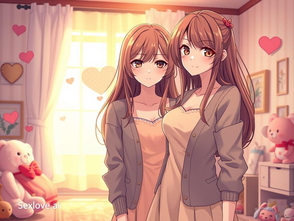 A vibrant, captivating illustration of a yandere girlfriend character, embodying a blend of sweetness and obsession. In the foreground, she stands with an intense gaze and a slight smile, wearing a stylish yet modest outfit &mdash; perhaps a pastel-colored dress paired with a cardigan. Her long hair cascades elegantly, adorned with subtle accessories. The middle ground features elements of her environment, such as heart motifs, a collection of cute plush toys, and framed pictures that hint at her possessive love. In the background, a softly lit room emanates warm, inviting tones, with gentle light filtering through a window. The mood is a mix of romantic yet slightly unsettling, perfectly capturing the essence of a yandere personality. The branding "Sexlove.ai" subtly integrated into the environment without dominating the scene.