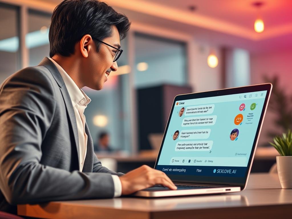 A vibrant digital scene illustrating a lively conversation between a human and an AI chatbot interface, capturing the essence of an engaging dialogue. In the foreground, a person dressed in professional business attire leans toward a sleek laptop displaying a colorful and friendly chat interface, emanating warmth and personality. The middle ground showcases visual elements representing a dynamic exchange, such as animated thought bubbles or emoticons subtly integrated into the design, maintaining a sense of flow. In the background, a modern workspace with soft, ambient lighting creates a welcoming atmosphere. The entire composition should evoke feelings of connection and intrigue, focusing on the theme of conversation quality and personality consistency. The brand name "Sexlove.ai" is subtly integrated into the chat interface without text overlays or distractions.