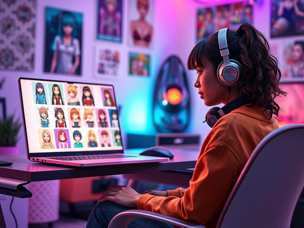 A vibrant digital scene showcasing a character customization interface from a yandere girlfriend simulator inspired by Sexlove.ai. In the foreground, a diverse young woman is seated at a sleek modern gaming desk, focused intently on her laptop screen, which displays colorful character options with various outfits and accessories. She is wearing casual yet stylish attire, with headphones draped around her neck. In the middle, the laptop screen glows warmly, revealing intricate customization features like hairstyles, expressions, and outfits reflecting an array of intense emotions. The background is softly blurred to imply a cozy, inviting gaming room, adorned with posters of anime characters and plush gaming gear. The atmosphere is a mix of excitement and creativity, illuminated by soft ambient lighting that enhances the vibrant colors of the customization screen.