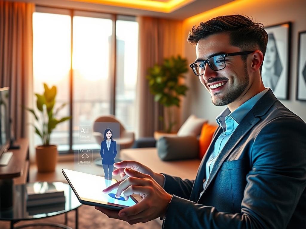 A vibrant, futuristic living space featuring a young professional man engaging with the "sexlove.ai" AI girlfriend app on a sleek tablet. In the foreground, he smiles while interacting with a holographic representation of a friendly, supportive AI companion, depicted as an elegant avatar in business attire. The middle of the image showcases a stylish modern home office with warm lighting, emphasizing a cozy yet high-tech atmosphere. In the background, a window reveals a bustling cityscape, highlighting a lifestyle enriched by social connections. The scene conveys a sense of positivity and empowerment, illustrating how the app enhances personal and social well-being through technology. The overall mood is inspiring and forward-looking, with soft, inviting lighting and a balanced, inviting composition.