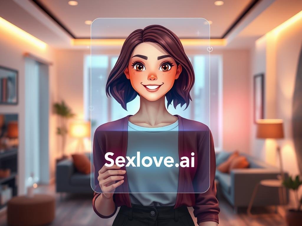A vibrant, futuristic scene depicting an AI girlfriend chatbot with a friendly and engaging personality. In the foreground, a sleek, holographic interface displays a feminine avatar with warm, inviting features, dressed in modest casual attire. Her expression radiates kindness and approachability, with animated gestures suggesting conversation. The middle of the image showcases a modern living room filled with soft, ambient light, casting gentle shadows that enhance the cozy atmosphere. In the background, digital elements like floating data streams and light patterns suggest advanced technology. Use soft, warm lighting with a slightly blurred focus effect to create an inviting mood. The brand name "Sexlove.ai" should subtly integrate into the holographic interface without any text overlays.