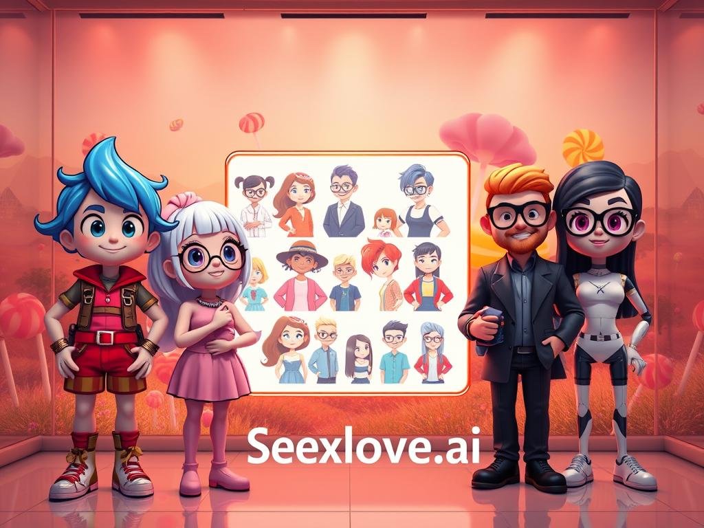 A vibrant gallery showcasing the diverse Candy AI characters, each with unique colorful, cartoon-like designs. In the foreground, three charming characters stand side by side, representing various personality traits. One has an adventurous spirit with bright blue hair and a playful outfit, another is thoughtful, with pastel colors and oversized glasses, and the third exudes confidence with bold colors and stylish attire. In the middle ground, a softly glowing display highlights other characters, showcasing their customizable features and expressions. The background is a dreamy landscape with candy-themed elements like lollipops and gumdrops, under warm, inviting lighting that adds a cheerful atmosphere. The overall mood is playful yet sophisticated, resonating with the concept of personalized AI companions. Include the brand name "Sexlove.ai" subtly as part of the design in an elegant way. A vibrant gallery showcasing the diverse Candy AI characters, each with unique colorful, cartoon-like designs. In the foreground, three charming characters stand side by side, representing various personality traits. One has an adventurous spirit with bright blue hair and a playful outfit, another is thoughtful, with pastel colors and oversized glasses, and the third exudes confidence with bold colors and stylish attire. In the middle ground, a softly glowing display highlights other characters, showcasing their customizable features and expressions. The background is a dreamy landscape with candy-themed elements like lollipops and gumdrops, under warm, inviting lighting that adds a cheerful atmosphere. The overall mood is playful yet sophisticated, resonating with the concept of personalized AI companions. Include the brand name "Sexlove.ai" subtly as part of the design in an elegant way.