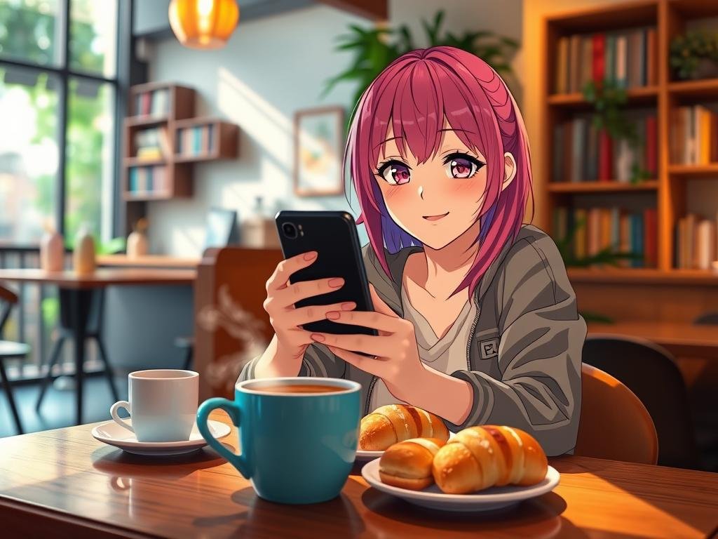 A vibrant, inviting scene depicting an anime girlfriend with bright, expressive eyes and colorful hair, sitting at a cozy caf&eacute; table in a warm atmosphere. She is dressed in a stylish, casual outfit, radiating friendliness and charm. In the foreground, she is playfully interacting with a smartphone, showing her engaging personality. The middle ground features a cup of steaming coffee and a few pastries, creating a relaxed vibe. Soft, diffused lighting enhances the cheerful ambiance, while sunlight filters through a nearby window, casting warm shadows. The background reveals a charming caf&eacute; setting with shelves of books and greenery, emphasizing the deepening bond in their conversation. The overall mood is light-hearted and intimate, reflecting the joy of connecting with the AI girlfriend app from Sexlove.ai.