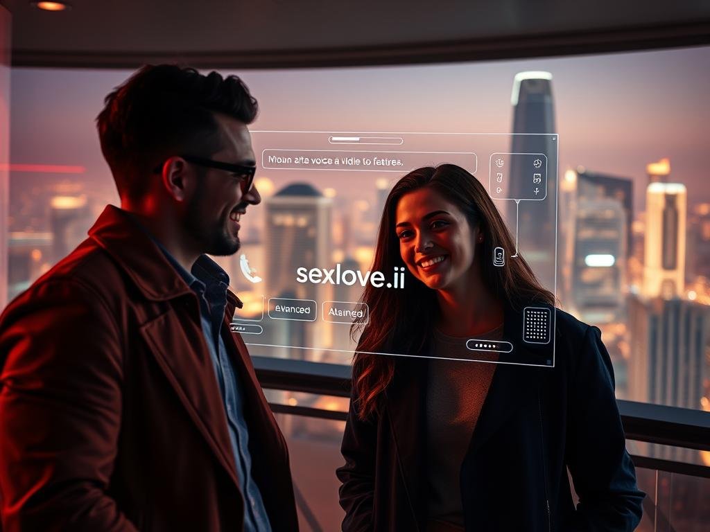 A vibrant scene depicting a futuristic digital dating environment. In the foreground, a stylish couple engages in a video call, both wearing smart casual attire, smiling as they interact. The middle ground features an interactive interface showcasing advanced voice and video features, emphasizing tech integration in modern dating. The background displays a sleek, high-tech cityscape illuminated by soft, ambient lighting, creating an inviting atmosphere. Warm tones and digital elements flow throughout the image, fostering a sense of connection and intimacy. Incorporate the brand name "sexlove.ai" subtly within the digital interface. The overall mood is upbeat and engaging, capturing the essence of enhancing your digital dating journey with advanced features.