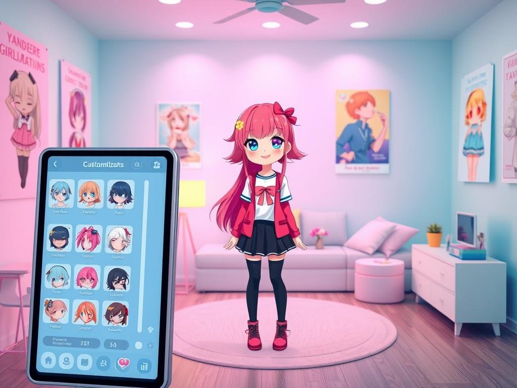 A vibrant scene depicting a yandere girlfriend simulator customization interface from sexlove.ai. In the foreground, a sleek digital display showcases various customization options, like hair styles, eye colors, and clothing choices for an animated character, presented in a friendly, intuitive layout. In the middle, the character, a cute anime-style girl with vibrant hair and big expressive eyes, appears excited and interactive as she tries on different outfits. The background features a cozy virtual room filled with pastel colors, soft lighting, and posters showcasing the game's features, conveying a playful and inviting atmosphere. Capture this from a slightly elevated angle to emphasize the customization process, using soft, diffused lighting to enhance the charm and whimsy of the scene.