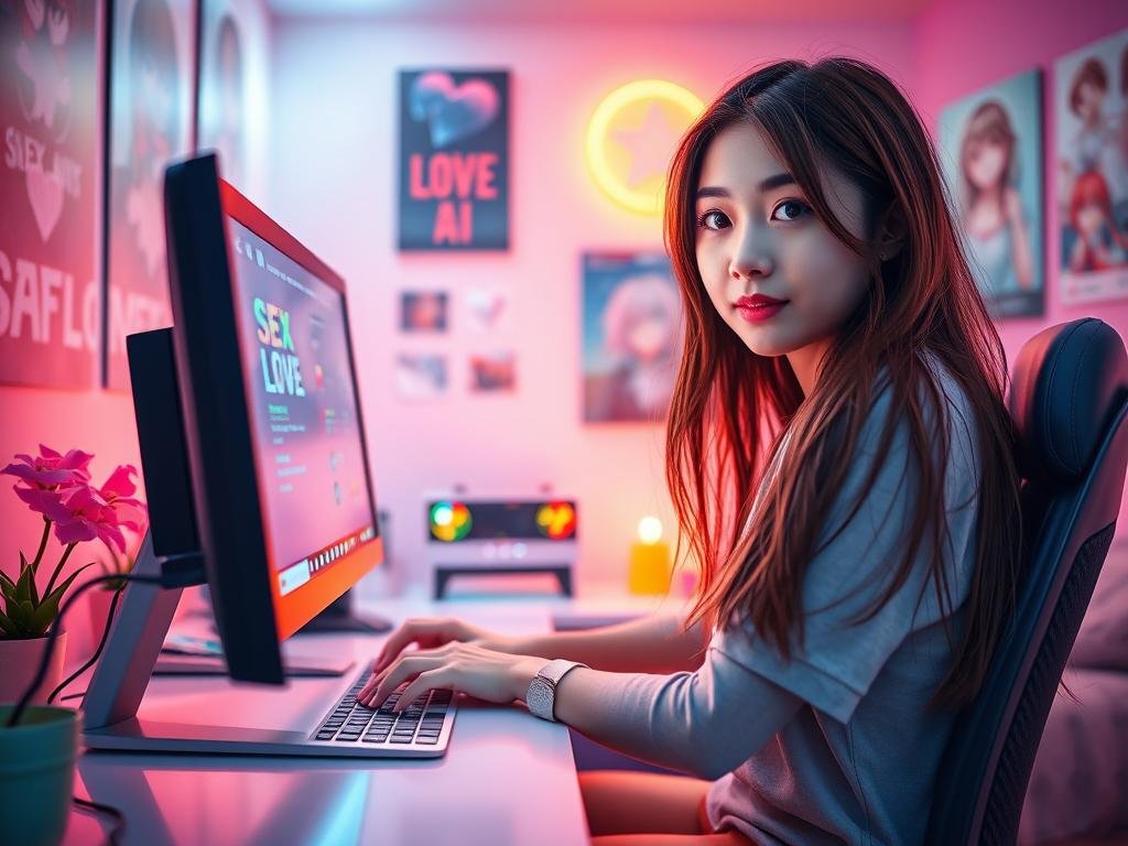 A vibrant scene set inside a cozy, digital-themed room filled with soft pastel colors. In the foreground, a young woman with long, flowing hair is sitting at a sleek computer desk, focused intently on her screen, which displays the game interface of "Sexlove.ai". She is dressed in casual yet stylish attire, suggesting a relatable character. Her expression combines fascination and emotion, showcasing her connection with the game. In the middle, the glowing monitor casts a warm light over her face, illuminating her excitement. The background features posters of anime and gaming icons, contributing to a relaxed gaming atmosphere. The overall mood is a mix of playful intrigue and youthful enthusiasm, with soft lighting enhancing the immersive feel of a futuristic yet inviting gaming experience. The lens captures her from a slightly low angle to emphasize her focus on the screen, inviting viewers into her world.