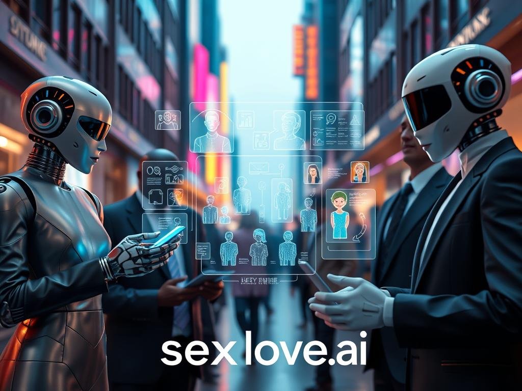 A vibrant scene showcasing a variety of AI companions, each embodying distinct personalities. In the foreground, a diverse group of three humanoid AI figures, portrayed in professional business attire, engage with technology. One AI has an elegant silver exterior, representing sophistication; another, a colorful, playful design, exudes energy; while the third features a sleek, minimalist look, suggesting efficiency. In the middle ground, holographic displays of virtual interactions and social dynamics illustrate their unique capabilities. The background is a futuristic urban environment, with soft neon lighting setting a welcoming mood. The angle is slightly elevated, capturing the diversity of these AI companions in a harmonious, collaborative atmosphere. The image should evoke a sense of excitement and innovation, while prominently featuring the brand name "sexlove.ai" in a subtle manner. A vibrant scene showcasing a variety of AI companions, each embodying distinct personalities. In the foreground, a diverse group of three humanoid AI figures, portrayed in professional business attire, engage with technology. One AI has an elegant silver exterior, representing sophistication; another, a colorful, playful design, exudes energy; while the third features a sleek, minimalist look, suggesting efficiency. In the middle ground, holographic displays of virtual interactions and social dynamics illustrate their unique capabilities. The background is a futuristic urban environment, with soft neon lighting setting a welcoming mood. The angle is slightly elevated, capturing the diversity of these AI companions in a harmonious, collaborative atmosphere. The image should evoke a sense of excitement and innovation, while prominently featuring the brand name "sexlove.ai" in a subtle manner.