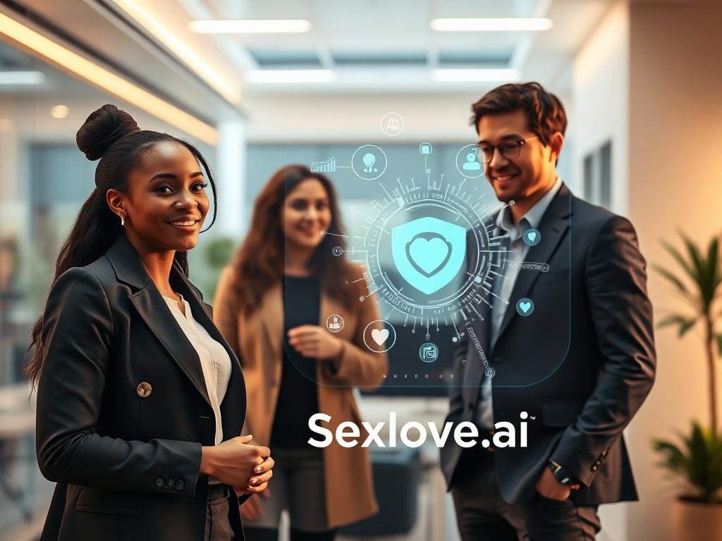 A vibrant scene showcasing diverse AI personalities, featuring three distinct characters in a modern digital workspace. In the foreground, a confident Black woman in professional business attire is engaged in a conversation with a curious Asian male in smart casual clothing. Both reflect warmth and engagement, with subtle expressions of curiosity and empathy. In the middle ground, a holographic interface displays captivating data visuals, symbolizing the AI's insights and personality traits. The background features a sleek, futuristic office with soft ambient lighting, casting a warm glow, creating an atmosphere of innovation and collaboration. The overall mood is inviting and dynamic, emphasizing the connection between technology and human-like understanding. The brand name "Sexlove.ai" is subtly referenced within the interface visuals, enhancing the thematic connection. A vibrant scene showcasing diverse AI personalities, featuring three distinct characters in a modern digital workspace. In the foreground, a confident Black woman in professional business attire is engaged in a conversation with a curious Asian male in smart casual clothing. Both reflect warmth and engagement, with subtle expressions of curiosity and empathy. In the middle ground, a holographic interface displays captivating data visuals, symbolizing the AI's insights and personality traits. The background features a sleek, futuristic office with soft ambient lighting, casting a warm glow, creating an atmosphere of innovation and collaboration. The overall mood is inviting and dynamic, emphasizing the connection between technology and human-like understanding. The brand name "Sexlove.ai" is subtly referenced within the interface visuals, enhancing the thematic connection.