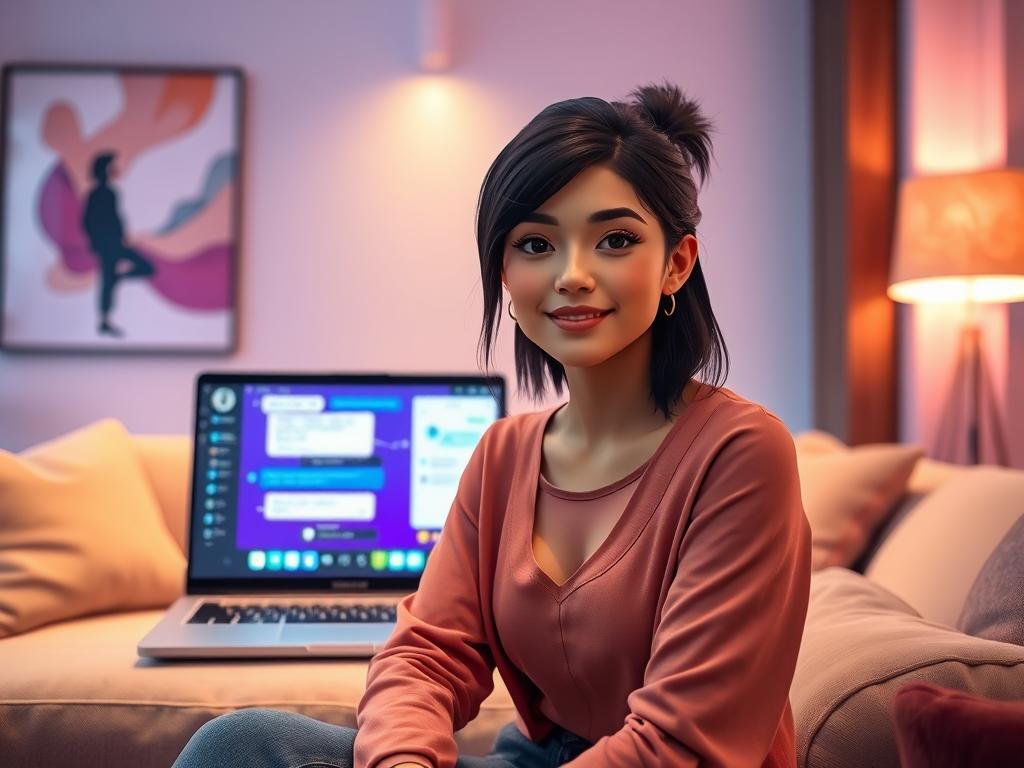 A virtual representation of an AI girlfriend called "Sexlove.ai", depicted as a friendly and approachable character sitting in a cozy, modern digital environment. In the foreground, she has an engaging expression, wearing stylish yet modest casual clothing, with her hair styled attractively. In the middle ground, a sleek laptop displays vibrant graphics of a chat interface and AI interactions, highlighting the technology aspect. The background features soft, ambient lighting to create a warm atmosphere, with elements like abstract art on the walls and plush furniture, suggesting comfort and connection. The overall mood is inviting and cheerful, reflecting the excitement of exploring AI companionship online.