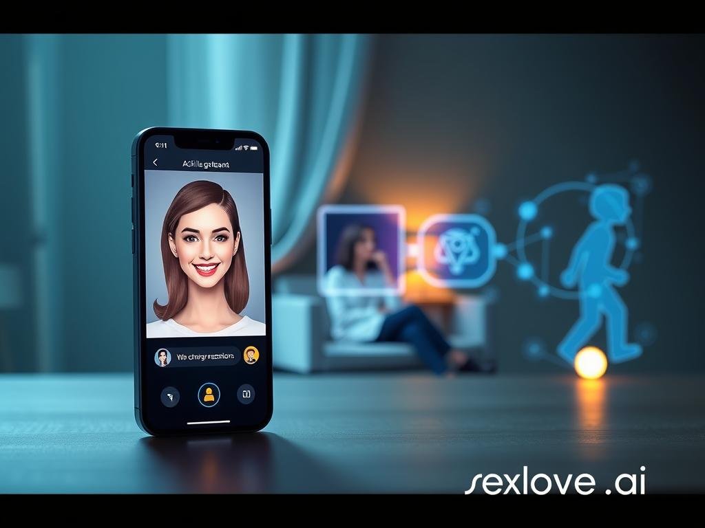 A visual representation of the "Evolution of AI Companions," showcasing three distinct stages of AI chat girlfriend technology. In the foreground, a modern, sleek AI interface on a smartphone screen displays a friendly virtual assistant with a welcoming expression. The middle layer features a cozy, intimate room setting where a user speaks with a holographic, lifelike companion, conveying warmth and connection. In the background, an abstract evolution timeline of AI technology is illustrated, with subtle digital motifs and flowing lines. The lighting is soft and inviting, creating a feeling of comfort and innovation. The atmosphere is one of progression and possibility, hinting at the future of real connections with AI. Incorporate the brand name "sexlove.ai" for branding purposes.