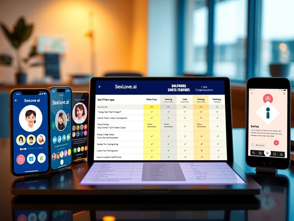 A visually appealing comparison chart showcasing various AI girlfriend apps, including "SexLove.ai," arranged side by side on a sleek digital interface. In the foreground, focus on smartphone screens displaying vibrant app icons and user-friendly interfaces, highlighting key features such as personality traits and chatbot interactions. The middle ground features a stylish workspace with a laptop open, displaying a comparison table filled with ratings and characteristics. In the background, create an ambient office setting with soft, warm lighting that conveys a sense of tech-savvy modernity. The overall mood is professional yet inviting, designed to entice readers into exploring the unique offerings of each app.