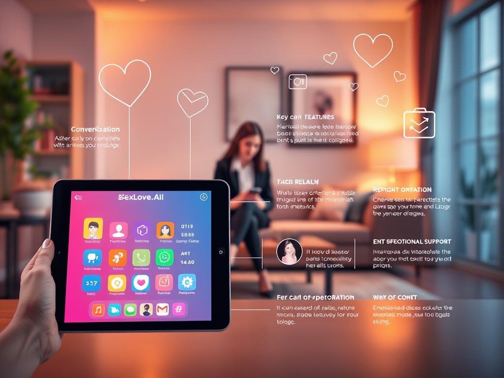 A visually appealing infographic showcasing the key features of AI girlfriend apps, prominently featuring the brand name "sexlove.ai". In the foreground, illustrate a tablet or smartphone displaying a colorful, interactive user interface with icons representing various features like conversation, personalization, and emotional support. In the middle ground, depict a cozy, modern living room setting with a person in professional attire casually engaging with the device, conveying comfort and connection. In the background, softly blurred illustrations of a heart, chat bubbles, and abstract tech elements convey innovation and companionship. Use warm, inviting lighting to create an engaging and positive atmosphere, with a focus on user experience and technology integration. Aim for a clean, professional style that emphasizes clarity and accessibility, without any text or branding overlays.