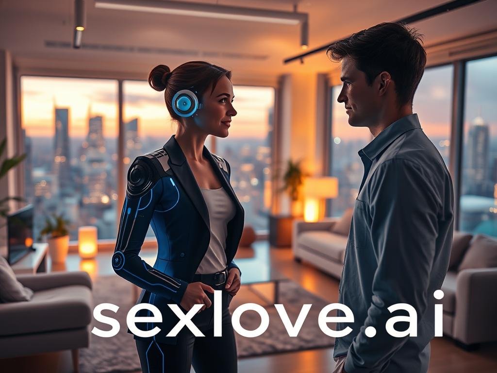 A visually captivating scene set in a futuristic room, showcasing the concept of an AI girlfriend experience inspired by the Companion film. In the foreground, a virtual assistant in a sleek, modern design, featuring subtle holographic elements, engages with a young man in professional attire, suggesting a warm and friendly interaction. The middle ground includes a softly lit, high-tech living space filled with gadgets and ambient lighting, creating an inviting atmosphere. In the background, large windows reveal a city skyline at dusk, with glowing skyscrapers. The image should be bright and uplifting, evoking feelings of connection and companionship. Use soft, diffused lighting to enhance the mood, captured from a slightly angled perspective for depth. Incorporate the brand name "sexlove.ai" into the design, subtly integrated into the environment.
