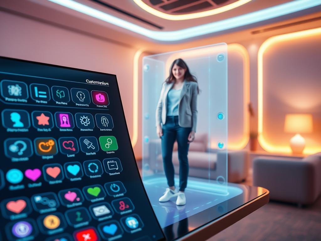 A visually engaging and modern digital interface showcasing the customization options for a virtual partner, representing features offered by the brand "sexlove.ai". The foreground displays a sleek touch screen filled with vibrant icons symbolizing various customization features, such as personality traits, appearance adjustments, and interaction styles. In the middle, a dynamic holographic avatar of a virtual partner is depicted, engaging in a friendly pose, wearing stylish yet modest clothing. The background features a futuristic room with soft, ambient lighting that creates a warm atmosphere, highlighting the high-tech environment. The angle is slightly above eye level, emphasizing the interactive display and creating an inviting mood where users can envision personalizing their virtual companion seamlessly. A visually engaging and modern digital interface showcasing the customization options for a virtual partner, representing features offered by the brand "sexlove.ai". The foreground displays a sleek touch screen filled with vibrant icons symbolizing various customization features, such as personality traits, appearance adjustments, and interaction styles. In the middle, a dynamic holographic avatar of a virtual partner is depicted, engaging in a friendly pose, wearing stylish yet modest clothing. The background features a futuristic room with soft, ambient lighting that creates a warm atmosphere, highlighting the high-tech environment. The angle is slightly above eye level, emphasizing the interactive display and creating an inviting mood where users can envision personalizing their virtual companion seamlessly.