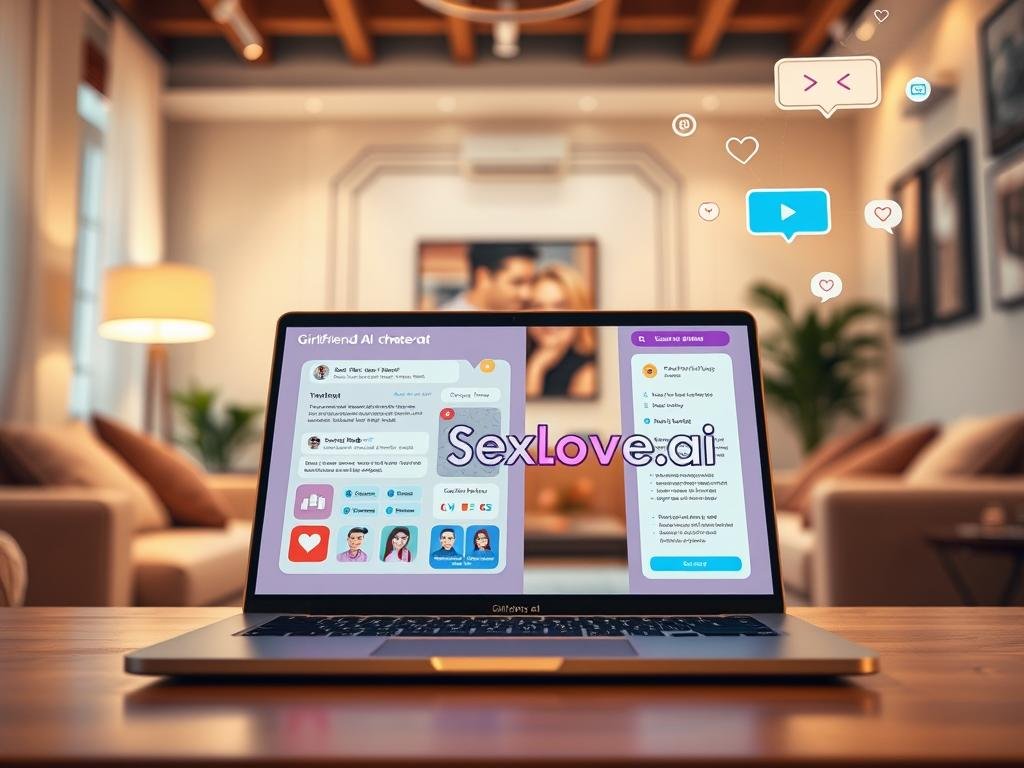 A visually engaging and modern representation of a "girlfriend AI chatbot" interface, prominently featuring the brand name "Sexlove.ai". In the foreground, an elegant laptop screen displays a vibrant and interactive chatbot interface with intuitive icons and user-friendly design elements, embodying personality traits like empathy, intelligence, and playfulness. The middle ground showcases a cozy, well-decorated room with soft lighting, comfortable seating, and a warm color palette, creating an inviting atmosphere. In the background, suggestive elements like floating chat bubbles and digital icons symbolize communication and connection, enhancing the depicted interaction. The lighting is warm and soft, emphasizing a friendly mood, captured from a slight overhead angle to give a comprehensive view of the setting and interface.