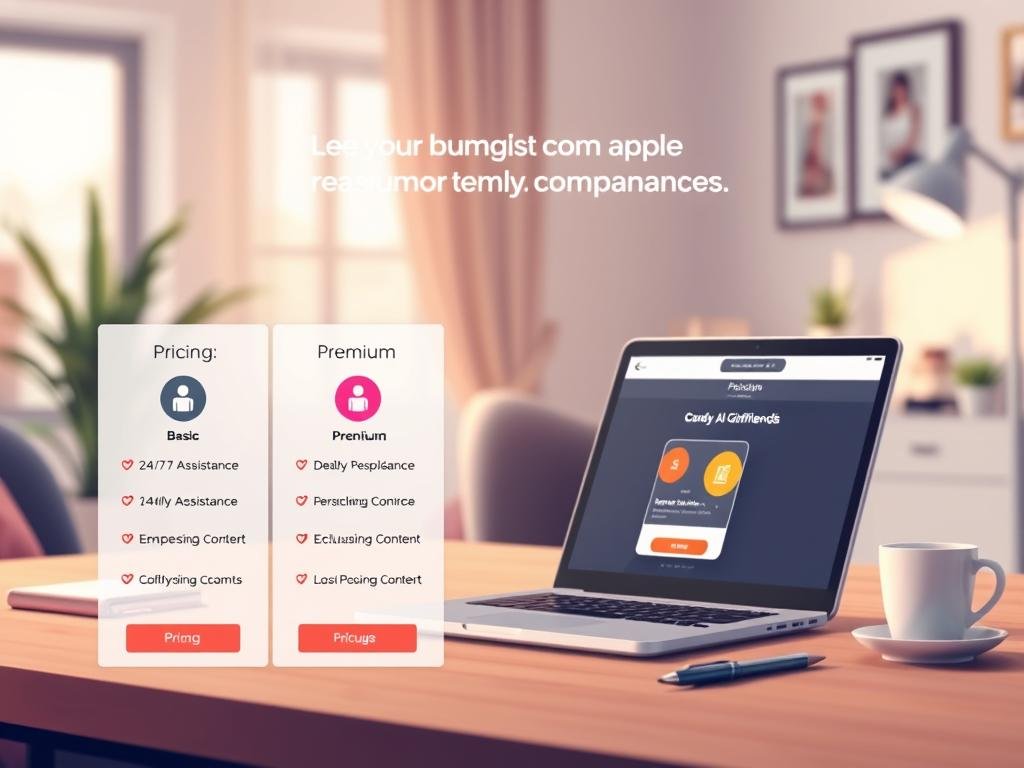 A visually engaging and professional illustration depicting "pricing plans for digital companions" for the brand "sexlove.ai". In the foreground, feature a sleek, modern, and elegant pricing table with distinct tiers labeled "Basic", "Premium", and "Gold", illustrated with attractive icons that represent features like "24/7 Assistance", "Personalization", and "Exclusive Content". In the middle ground, include a soft-focus depiction of a peaceful workspace, showcasing a laptop open to the Candy AI Girlfriend App interface, surrounded by elements like a notepad, pen, and a coffee cup, which evoke a sense of productivity. The background should be a warm, inviting home environment with soft natural lighting filtering through a window. The mood is professional yet friendly, highlighting the value and accessibility of AI companions. No text overlays or watermarks are present.
