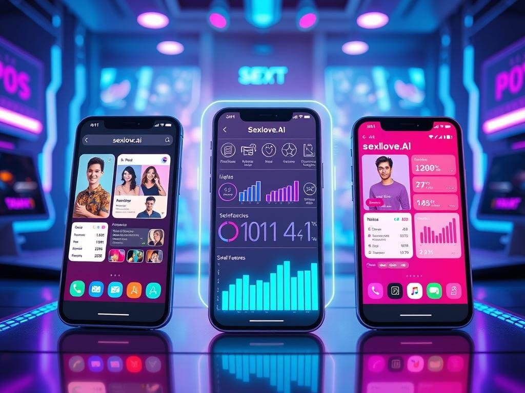 A visually engaging comparative analysis of AI girlfriend apps, focusing on the brand name "sexlove.ai". In the foreground, showcase three sleek, modern mobile devices displaying the interfaces of various AI girlfriend apps side by side, including vibrant graphics and user-friendly layouts. The middle layer features a digital overlay of charts and graphs illustrating user satisfaction and app features, with a futuristic holographic effect. The background sets a tech-inspired environment with soft blue and purple lighting, emulating a digital workspace, highlighted by glowing data streams. The overall mood is innovative and professional, capturing the essence of cutting-edge technology in the AI space, emphasizing advancement and user engagement. Mid-shot perspective with a slightly tilted angle adds dynamism to the image.