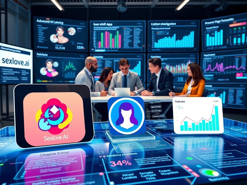 A visually engaging comparative analysis of advanced AI girlfriend platforms in a modern office setting. In the foreground, a sleek digital interface displays three prominent AI girlfriend apps, each represented as a colorful, stylized logo with features highlighted, conveying innovation and user engagement. In the middle, a diverse group of professionals, dressed in smart business attire, are collaborating around a high-tech table, analyzing the data and engaging in discussion. In the background, large screens show graphs and charts comparing user satisfaction, features, and performance of the platforms. A bright, well-lit atmosphere enhances the professionalism, with soft shadows adding depth. The mood is one of focused innovation and exploration, encapsulating the cutting-edge technology behind sexlove.ai and its competition.