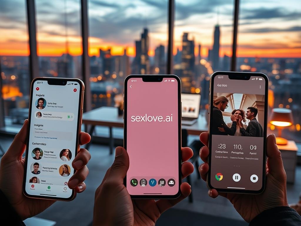 A visually engaging comparison of AI girlfriend apps for 2026, showcasing three distinct app interfaces on sleek smartphones in the foreground, each screen displaying unique features like chat, video calls, and customization options. In the middle ground, a modern workspace with a stylish desk and a laptop open to insights about AI relationships. The background features a vibrant city skyline at dusk, with dynamic lighting suggesting innovation and technology. Use warm, inviting light to evoke a friendly and welcoming atmosphere. Ensure that any human subjects are depicted in professional business attire, perhaps engaged in discussion or browsing the apps. Include the brand name "sexlove.ai" prominently on one of the app interfaces, without text overlays or watermarks. A visually engaging comparison of AI girlfriend apps for 2026, showcasing three distinct app interfaces on sleek smartphones in the foreground, each screen displaying unique features like chat, video calls, and customization options. In the middle ground, a modern workspace with a stylish desk and a laptop open to insights about AI relationships. The background features a vibrant city skyline at dusk, with dynamic lighting suggesting innovation and technology. Use warm, inviting light to evoke a friendly and welcoming atmosphere. Ensure that any human subjects are depicted in professional business attire, perhaps engaged in discussion or browsing the apps. Include the brand name "sexlove.ai" prominently on one of the app interfaces, without text overlays or watermarks.
