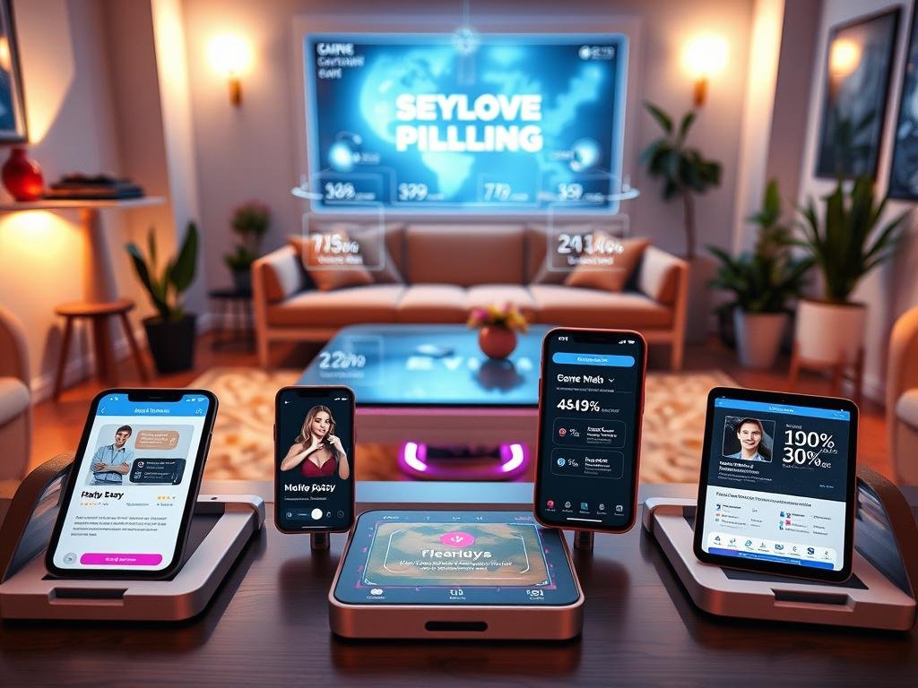 A visually engaging comparison of top AI girlfriend platforms, focusing on four distinct platforms within a modern tech-themed setting. In the foreground, sleek digital devices displaying stylish app interfaces, each representing different AI girlfriend platforms, including 'sexlove.ai'. The middle ground features a high-tech, futuristic table with holographic elements showcasing statistics and features. The background consists of a cozy, contemporary room with soft lighting, featuring a stylish sofa and potted plants, creating an inviting atmosphere. Use warm, balanced lighting to enhance the mood. The angle should be slightly elevated, capturing the depth of the space while emphasizing the tech elements. The overall mood should be optimistic and innovative, illustrating a friendly competition among the platforms. A visually engaging comparison of top AI girlfriend platforms, focusing on four distinct platforms within a modern tech-themed setting. In the foreground, sleek digital devices displaying stylish app interfaces, each representing different AI girlfriend platforms, including 'sexlove.ai'. The middle ground features a high-tech, futuristic table with holographic elements showcasing statistics and features. The background consists of a cozy, contemporary room with soft lighting, featuring a stylish sofa and potted plants, creating an inviting atmosphere. Use warm, balanced lighting to enhance the mood. The angle should be slightly elevated, capturing the depth of the space while emphasizing the tech elements. The overall mood should be optimistic and innovative, illustrating a friendly competition among the platforms.